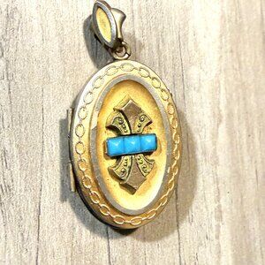 Antique Victorian Gold Filled & Turquoise Locket Tintype Photograph Circa 1875